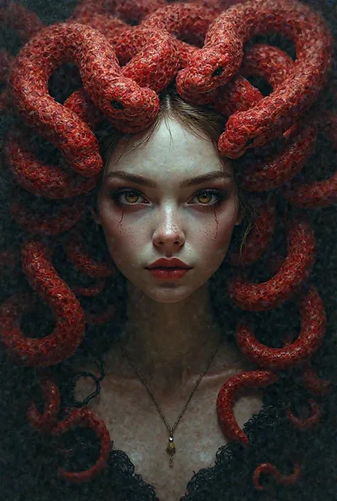 Medusa mythological goddess with red snakes and a bad face