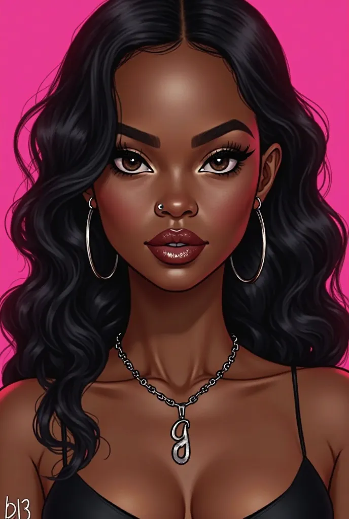 Avatar of a black-colored woman with wavy long black hair over her shoulder , straight eyes color black , labret pierced lips and lipstick with brown contour and lip gloss, round face, Ear hoop earring , a black strap blouse and a necklace with the letter ...