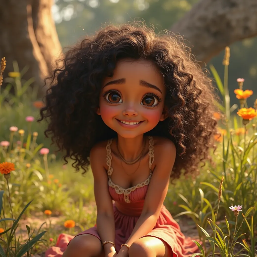 um close-up de uma jovem MORENA , OLHOS CASTALHOS E CABELOS ONDULADOS, COM UMA PEQUENA CRIATURINHA FEITA DE RAIZ E FOLHAS , uma foto da disney, tendência no artstation, sumatraísmo , no estilo do filme Os Croods, 'raya e o último dragão' etc, filme animado...