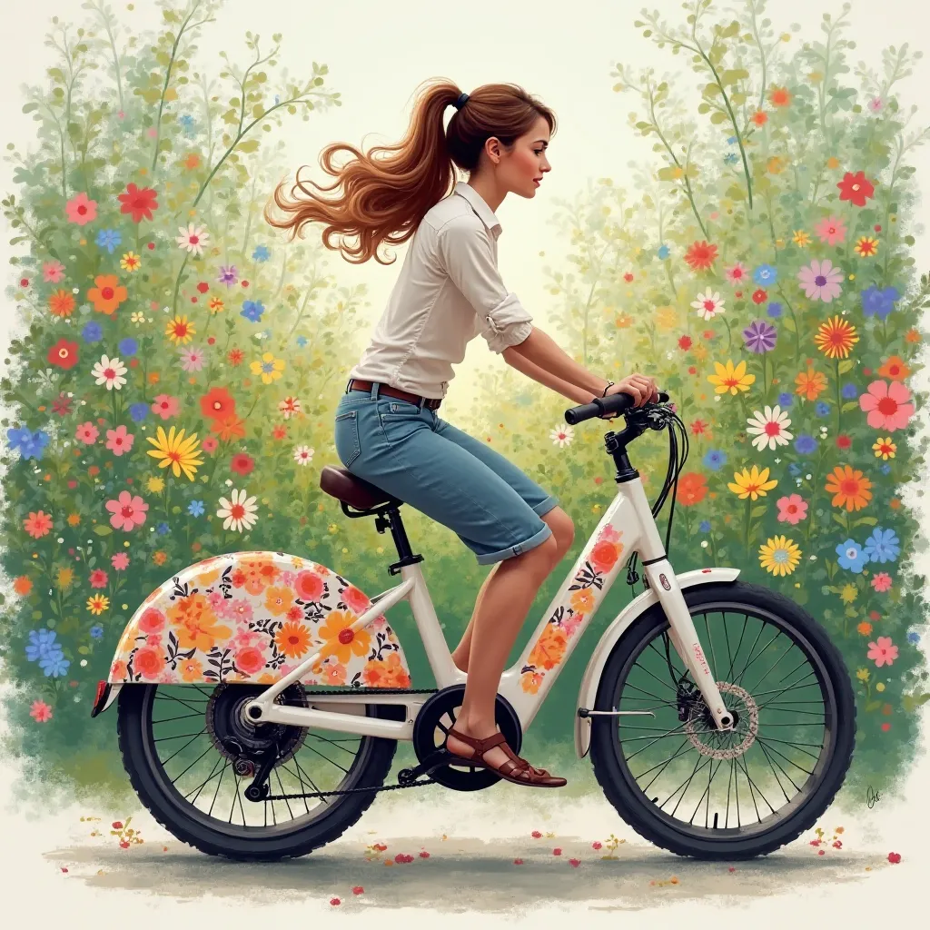 A woman in a stylish outfit,  riding a sleek, modern electric bicycle with a vibrant floral pattern,  with a backdrop of a lush garden filled with colorful flowers,  in a soft, Impressionistic style,  painted with light, airy brushstrokes.