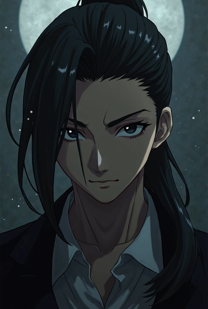 Alpha anime man with black eyes wearing a dark ponytail