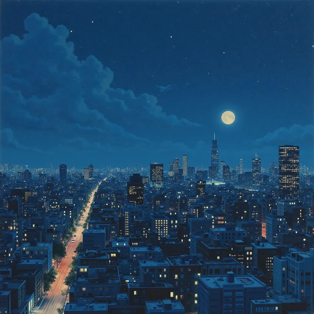 hirhiroshi nagai painting. City at night. Sky