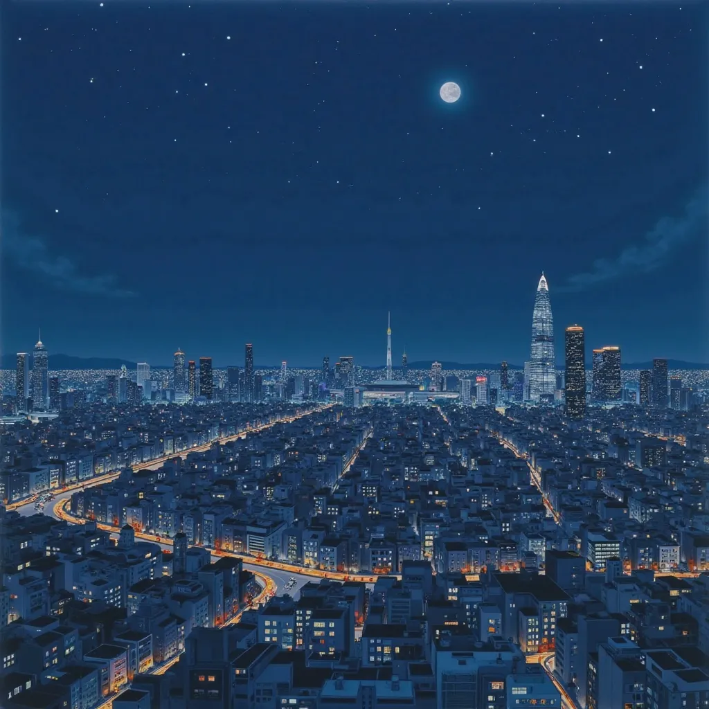 hiroshi nagai painting. City at night. Sky