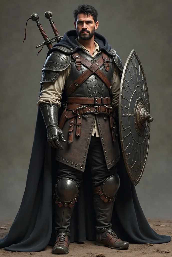 Generate a realistic, full-body photographic image of a medieval fantasy mercenary between twenty-five and thirty years old named Arthur.  of fair skin, dark gray eyes and piercing.  strong jaw, straight nose and prominent cheekbones. black hair,  and a li...