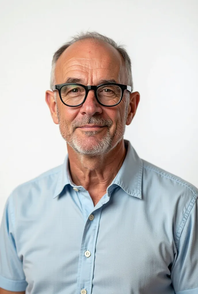 Create a 60-year-old bald man wearing glasses and a polo shirt on a white background