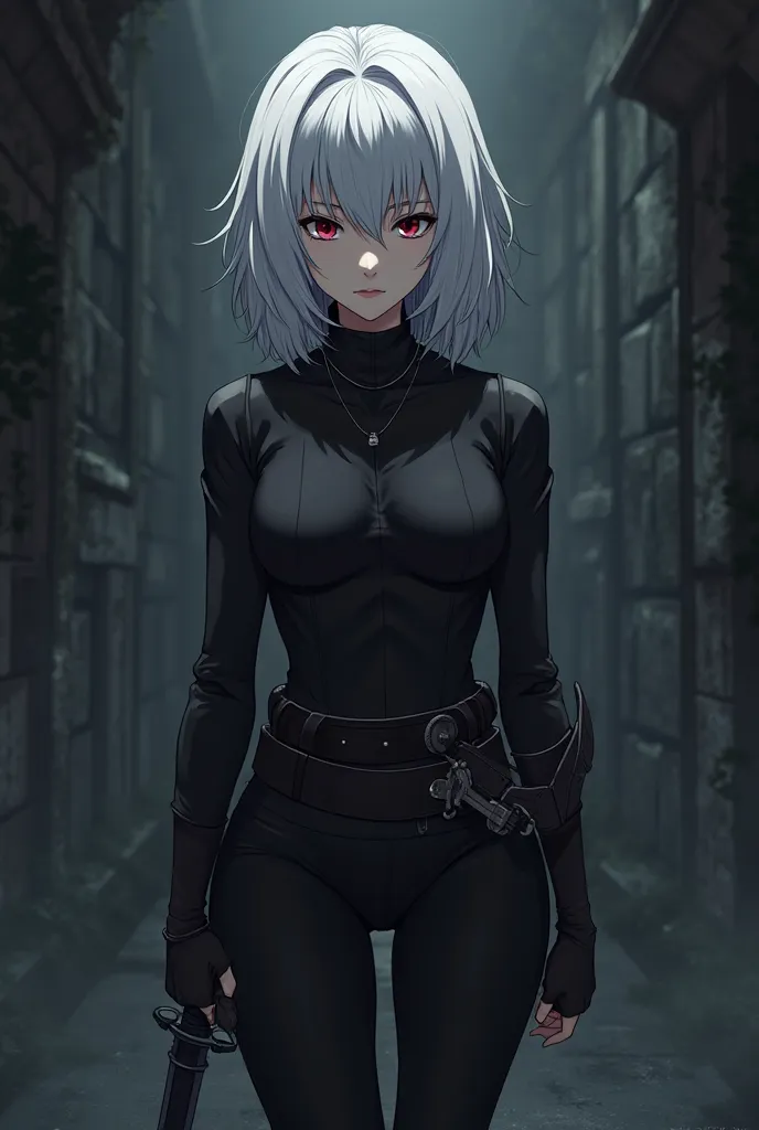 Create an anime-style role-playing character with dark clothes, Burgundy eye, white hair and two daggers, Discreet man with medium hair 