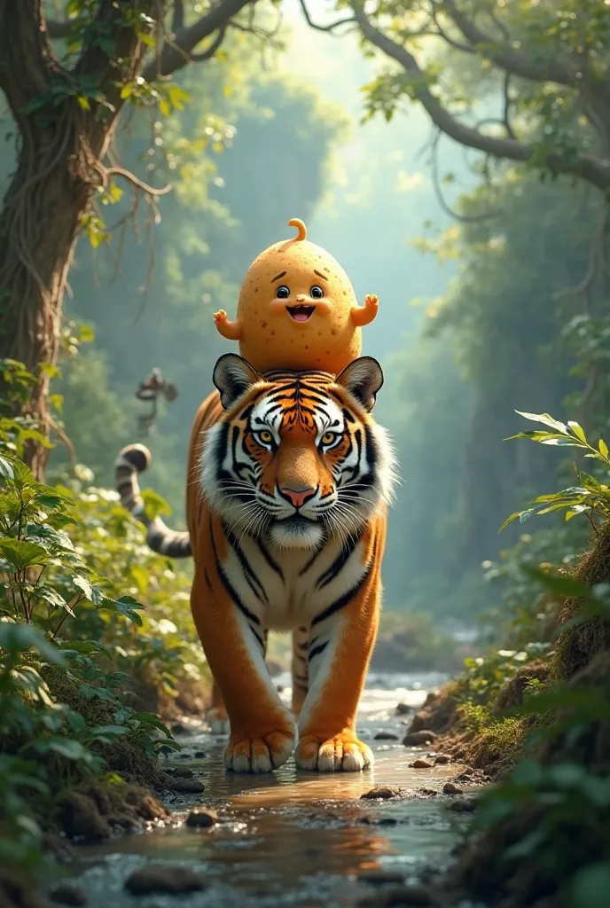 A friendly tiger walking through the jungle with a small potato on its back. They are passing by a river, tall trees, and hidden caves. The potato looks amazed at the beauty around it.