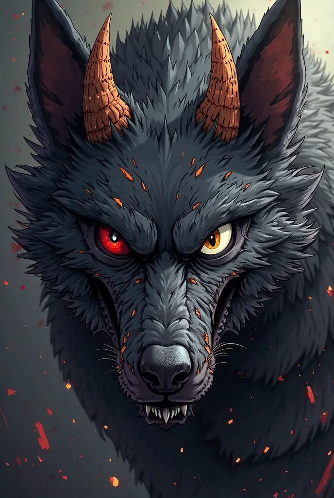 Tough looking, black, humanoid hell hound, with one black and red eye and one white and gold eye. Has Dragon horns and lots of scars, including one over their left eye. Drawn in a cartoon/anime style