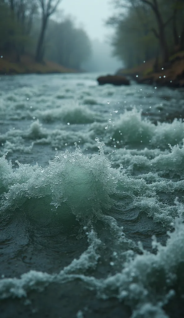 Close-up of the river’s surface, bubbling intensely as if boiling, with a dangerous, mysterious atmosphere.
