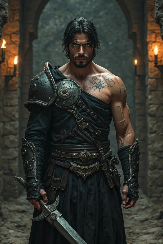 A warrior with green eyes and messy black hair, standing in a dimly lit stone hall. He is tall and muscular, wearing dark battle armor reinforced with silver details. Scars mark his strong arms and chest, revealing the countless battles he has fought. His ...