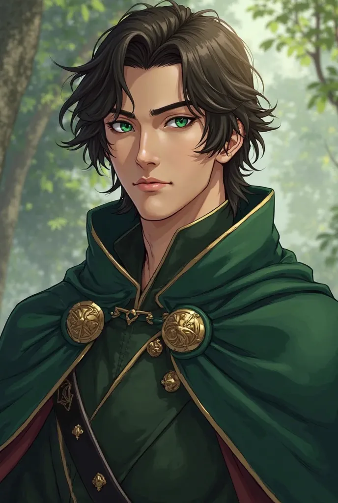 Create me an anime fanart manwha Korean image with a very handsome 22-year-old man with dark brown hair and slightly long hair. forest green eyes. Serious expression and masculine features. He wears dark green clothes and uses a cape.  is a prince . Digita...