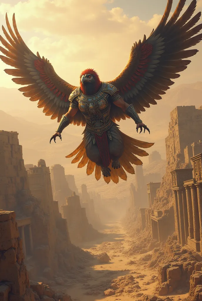 Iraq	An eagle warrior in traditional armor, holding a spear, soaring over ancient ruins.