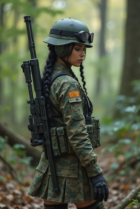 (masterpiece), 4K,{{{  2 women}}},     black hair,  helmet, bbo ~,braided hairstyle,((    sniper     )),  rifle, shoot from behind ,camouflage military uniform,skirt,  in the woods,((顔を下に向けた    sniper    )), camo stockings ,baby face