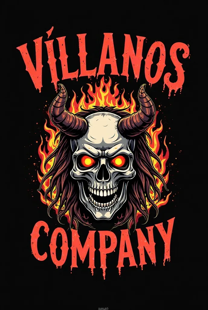 Black background with a diabolical skull with devil's locks yellow eyes with fire and around the ass flames of fire with the text VILLANOS COMPANY large and with a cool font that stands out for bikers motorcycle clubs