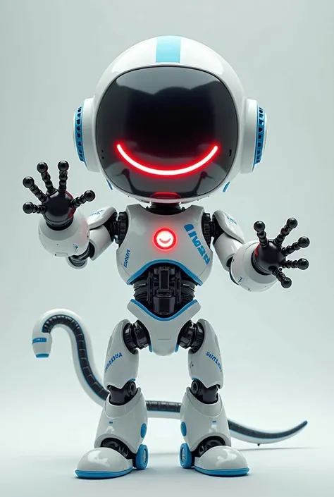 White robot with blue lines, black visor with a ":)" in the middle of red, mechanical monster-style robotic body,"long mechanical tail","tweezer-style mechanical arms",looking at the spectator, greeting.