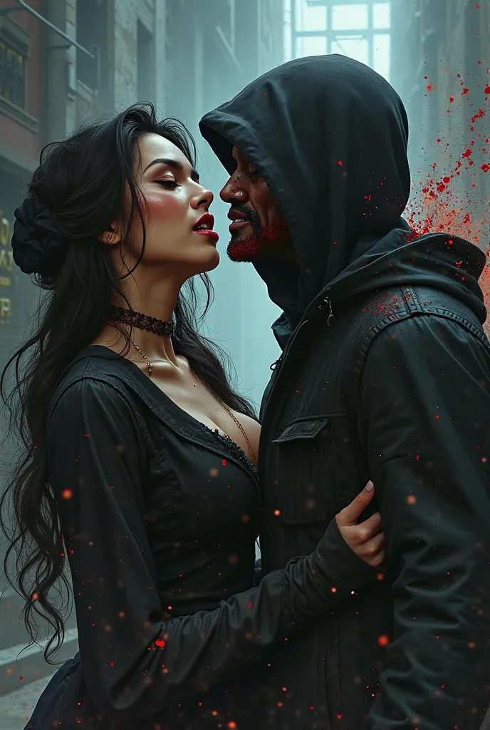 HD, Hight quality, realistic, very beautiful asian woman, boy hoodie, boy full face mask, boy Thief, woman stabs throat boy, woman very big breast, blood spurted out of the boy neck profusely, woman kill boy, boy dead, woman sexy beautiful hijab