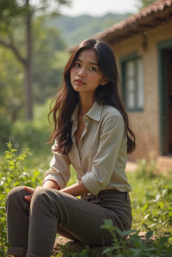 A pretty real Colombian smooth-haired 18-year-old girl in pants and nice shirt in a country house outside