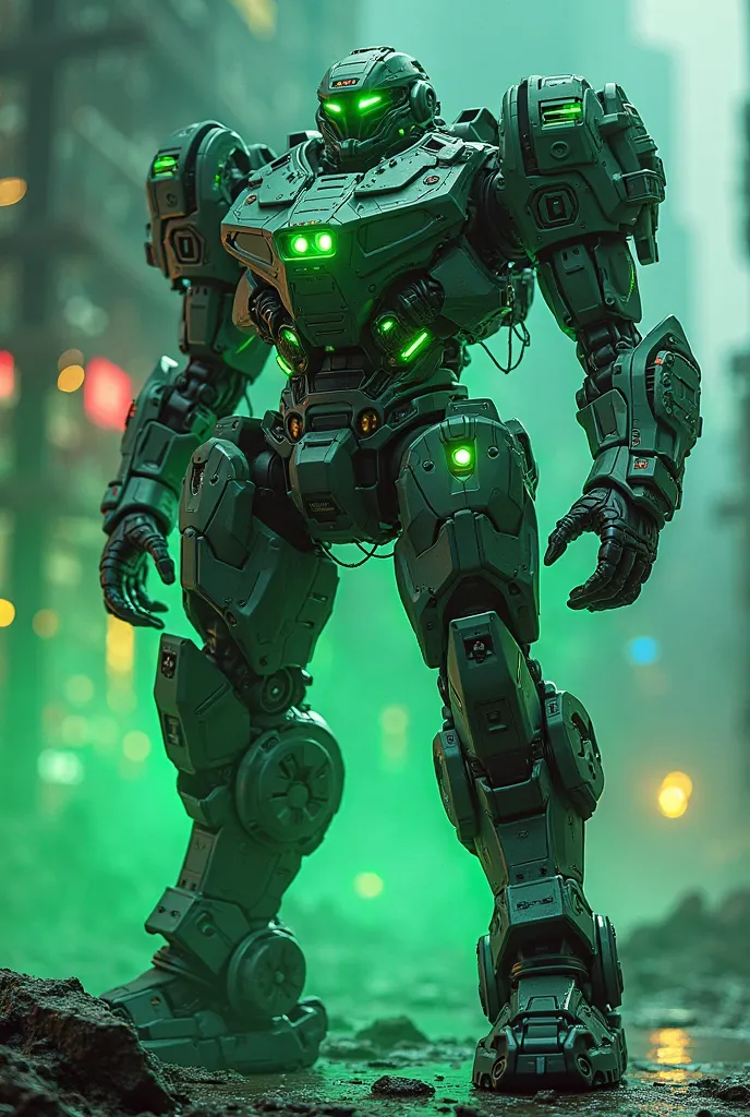 With mecha suit and neon green lights