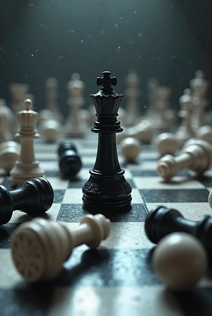 A chessboard with a white pawn in front of a black tower and the other pieces on the floor 