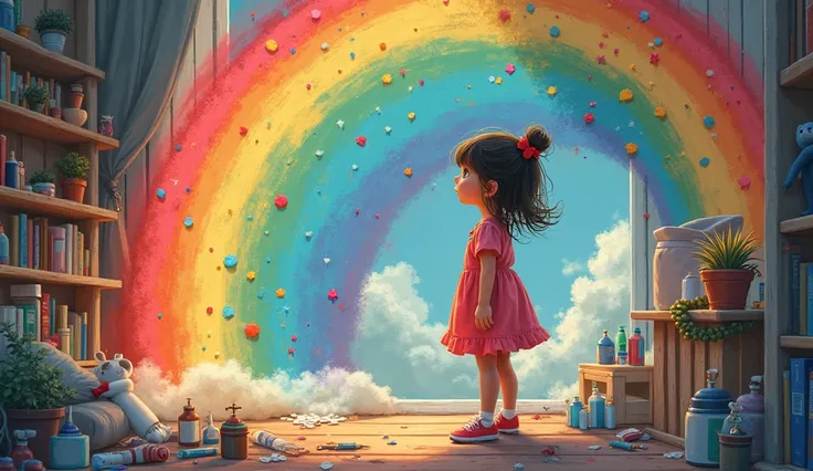  Nina was a curious person who loved to draw, but one day she saw that all her paints were gone. suddenly, A bright rainbow appeared in front of you ILLUSTRATED BOOK STYLE