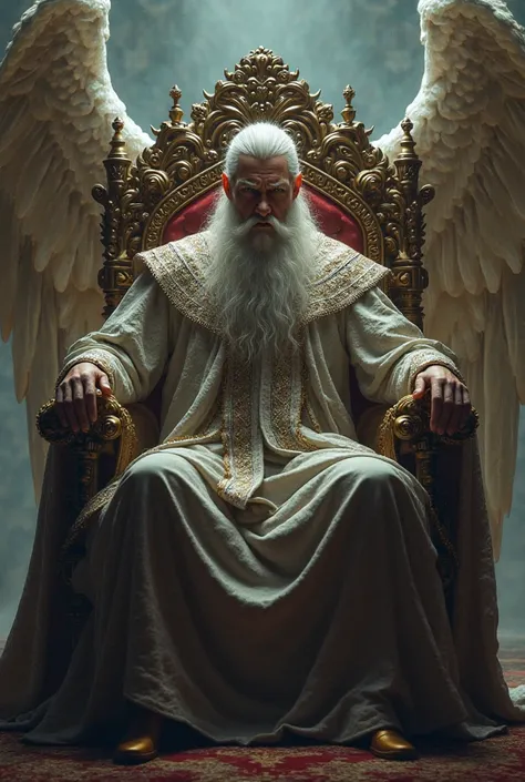 A strong slender white haired Viego man with a big beard in a robe sitting on a throne with two guardian angels 