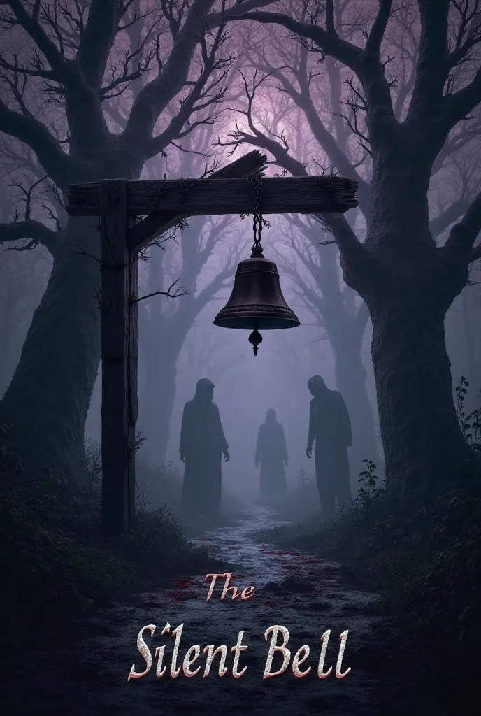 /imagine prompt: "A haunting book cover for a mystery and horror novel titled 'The Silent Bell'. A foggy, eerie forest at dusk, twisted trees with gnarled branches reaching into a dark purple sky. In the foreground, a lone, rusted bell hangs from a broken ...