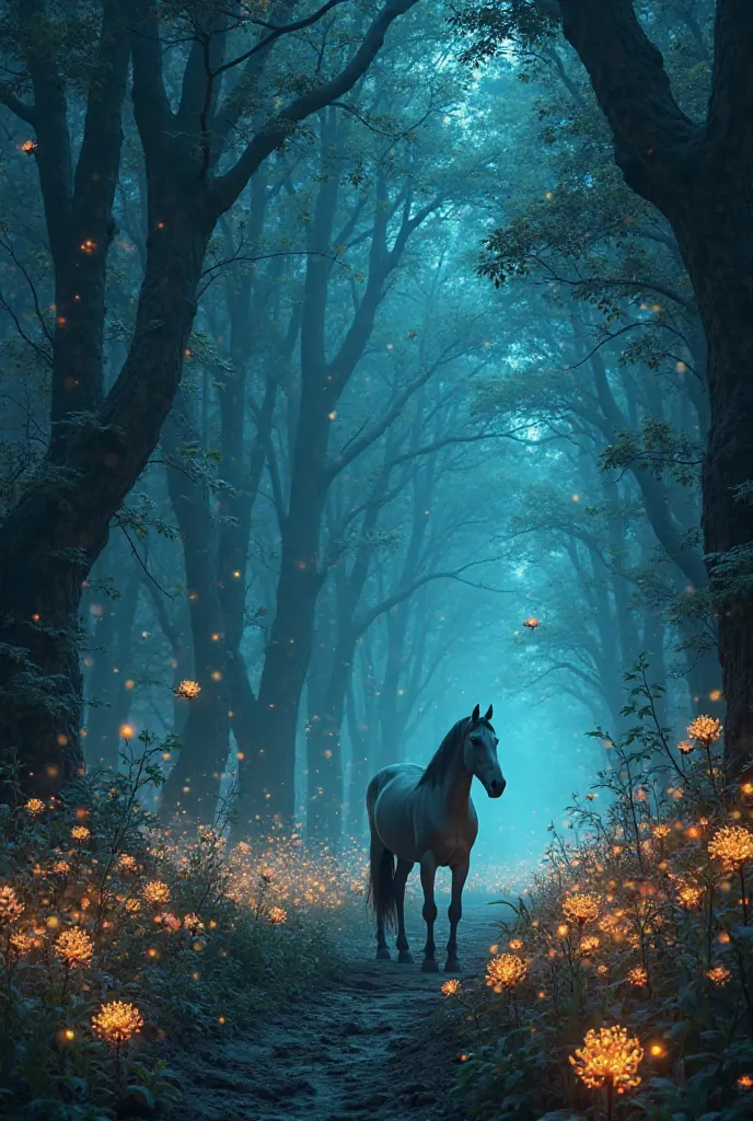 "Inside the magical glade, reality bends. The trees seem to stretch impossibly high, their branches spiraling like enchanted staircases. The ground shifts subtly beneath Hopper’s hooves, as if alive. Strange, glowing flowers bloom instantly as he steps. Ti...