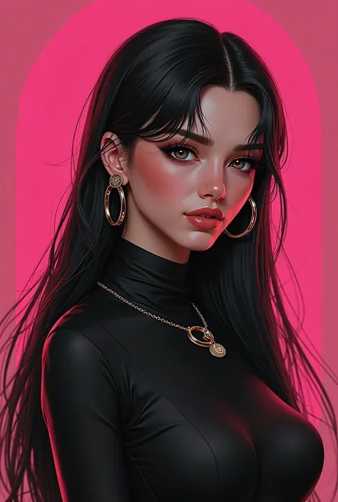 Game design for a woman in black color with straight hair long black over the shoulder , straight eyes color black ,and lipstick with a brown outline and gloss, Face in the roundest round shape, Ear hoop earring , a winter blouse and a necklace with the le...