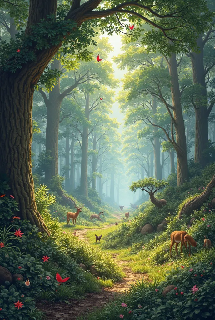 a very large and beautiful forest with animals and plants