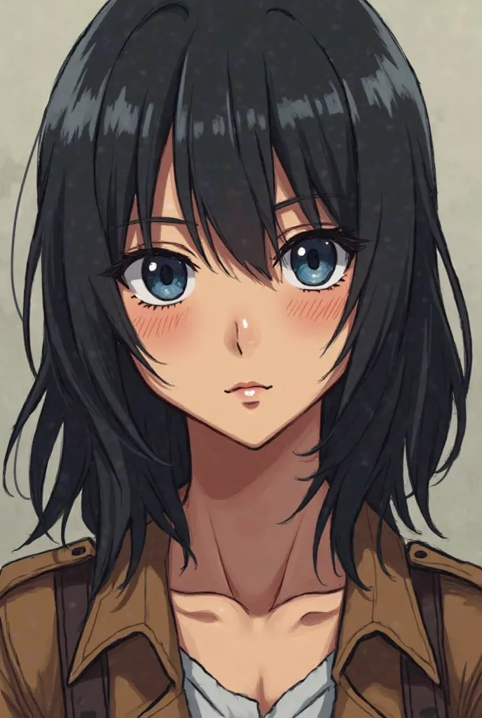 in Attack on titan anime drawing style,mature,black and medium length hair, dark blue eye, is hooped and has a small hard and sharp fox-like look, light freckles on face,close to brunette skin color,feminine and beautiful,1.75 tall ,with a small mole on he...