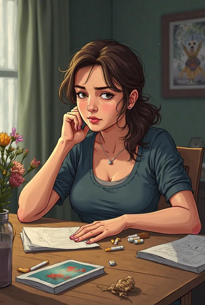 The woman has a lost look, as if thinking about something beyond her work. at the table, next to the cigarettes, there could be objects that symbolize her dreams or forgotten desires, like a withered flower or a blurry photograph. The scene can capture the...