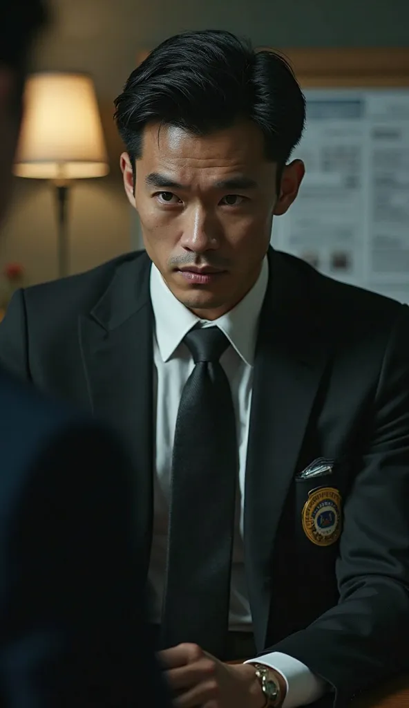 realフォト風の高品質な30代の日本人男性、black hair short hair、black suit、white shirt and tie、wearing an FBI badge on his chest、staring at his opponent with a sharp gaze、Interrogation Room 、Desk and documents in the background、Strong spotlight creates shadows on part of his...