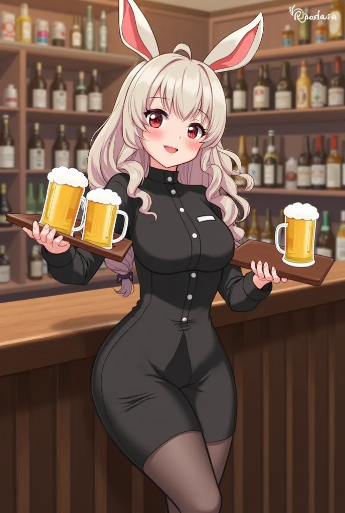 A charming humanoid character with rabbit ears, wearing a stylish black outfit that complements her curvy figure. She has wavy, light-colored hair and captivates with her playful expression. Standing in a cozy bar setting, she holds a tray with two large m...