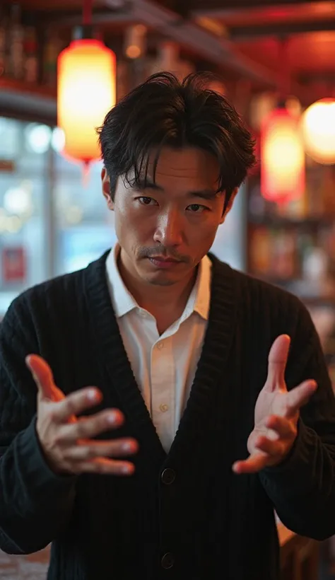 Real photo style,high quality,Japanese man in his 30s,black hair short,white shirt,BLACK CARDIGAN, spread your hands , with a stuffy expression,Izakaya counter ,Neon light is reflected in the background,realistic,Photographer's style,professional,drawn in ...