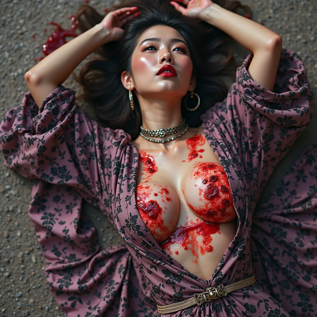 Gorgeous asian woman, with ponytail, hoop earrings, choker, huge oversized breasts that have large red liquid circles with purple/black floral silk robe that's been ripped open. Exposed breasts, poking tips. She is lying on her back of floor of gravel grou...