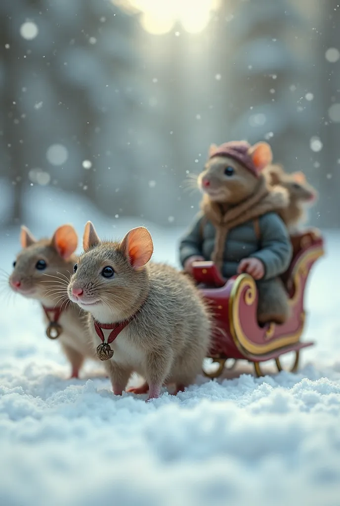 Little mice with mammoth-like fur and on a leash carry the vituber Gavr Guru on a sleigh