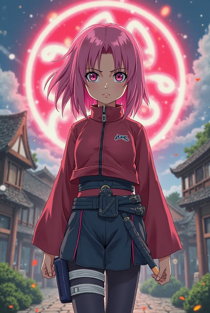 A girl from Naruto with the logo of the Haruno clan 