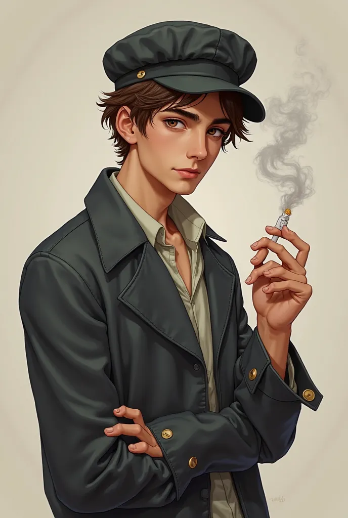 A realistic boy who is ,But it looks like 18, Looks German, smokes,Does brown hair have a cap,brown eyes and is stylishly dressed,Is not so nice 