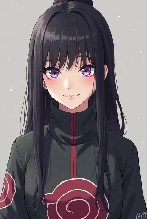 Create me a girl inspired by the Naruto anime with the following characteristics: Black hair with beautiful purple eyes and a symbol on her clothes. Along with the band belonging to the hidden villa of the leaf