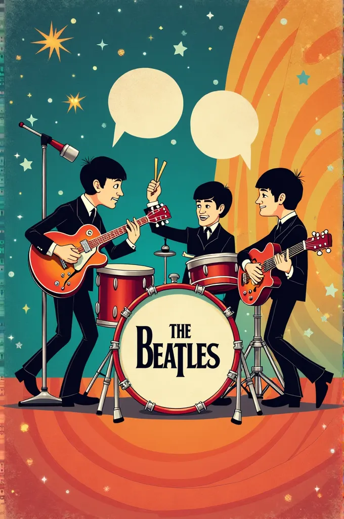 

An illustration inspired by the vintage aesthetics of the Barrilete brand's packaging, combined with the Rubber Hose animation style. The scene shows The Beatles playing on a stylized stage with a dynamic and colorful background. On the right, there are ...