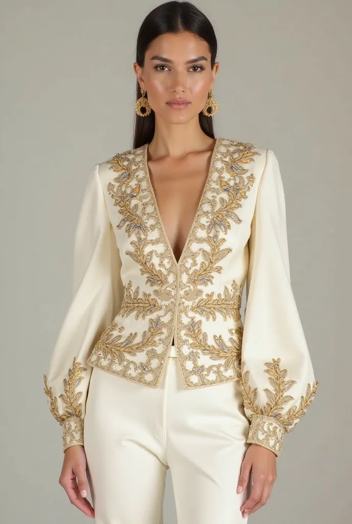 

---

**"Design a collection of five women's jackets featuring delicate embroidery, luxurious beadwork, and unique sleeves. The jackets should have a structured, symmetrical, or asymmetrical design, fitted at the waist with prominent shoulders. Some model...