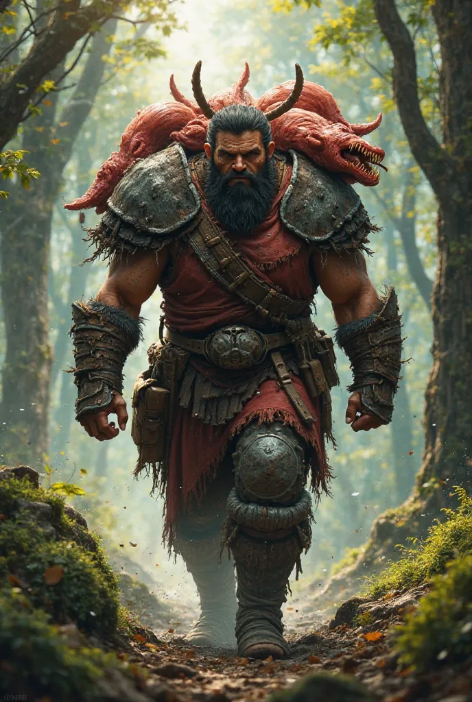 A big warrior on a very limited old chag in the forest a big meat on his back 