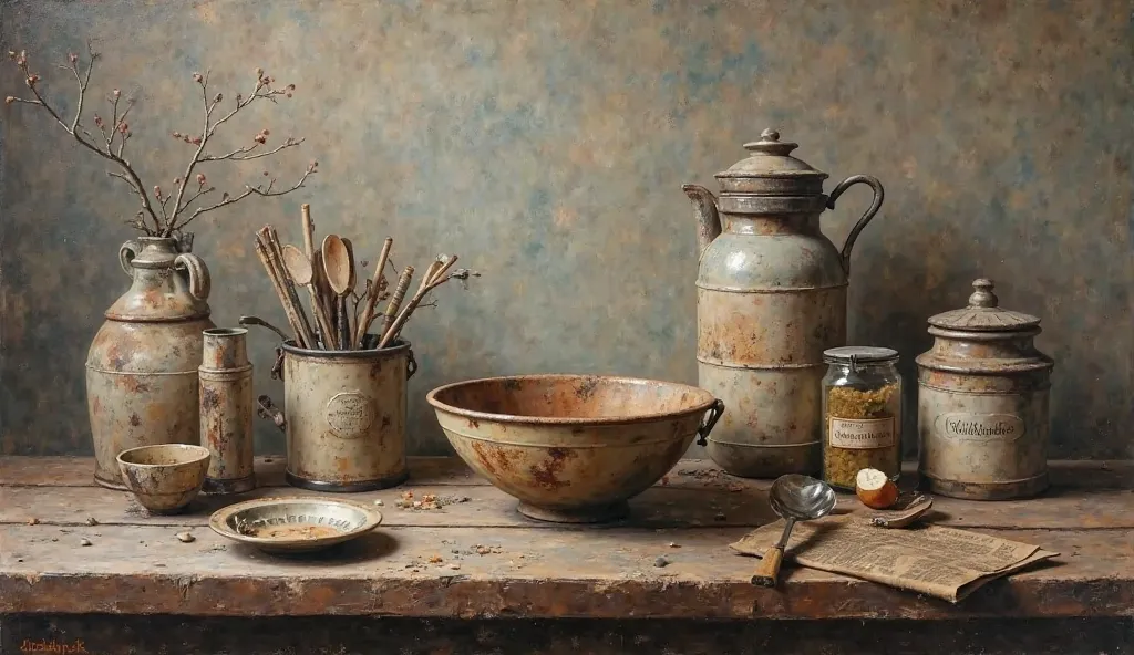 A composition of iconic objects: an old bowl, jars of ingredients and utensils arranged on a worn wooden table. The use of soft colours and oil details creates a nostalgic and refined atmosphere.