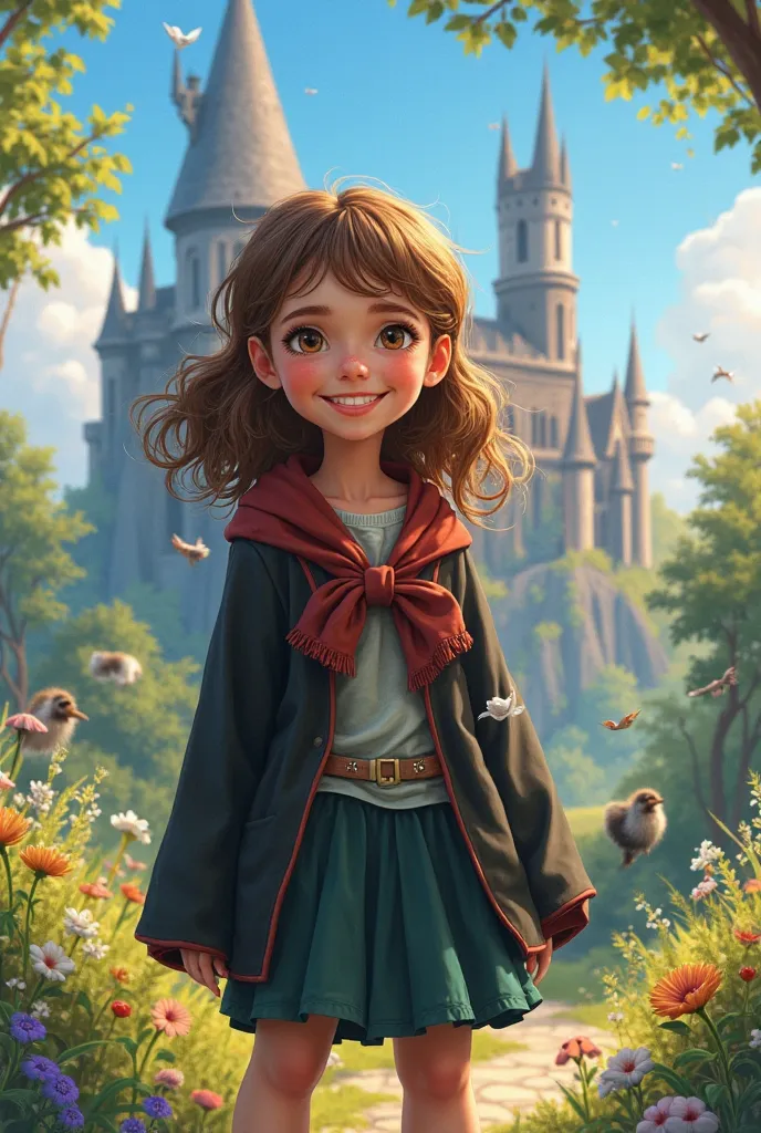 Brown haired girl wearing a Ilvermorny uniform for girls smiling