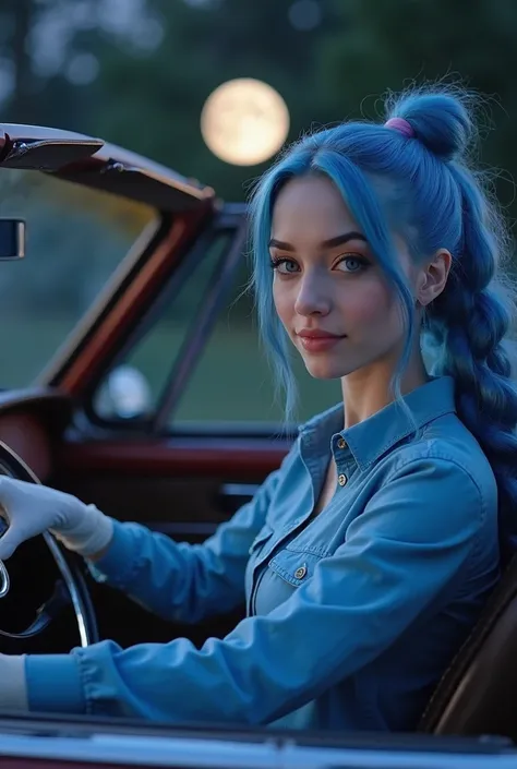 a young white woman with a body with remarkable curves she has long blue hair and her hair is tied in a bun she is wearing a blue shirt with long sleeves and buttons in the front but the shirt is closed she is wearing a long white glove and is inside a car...