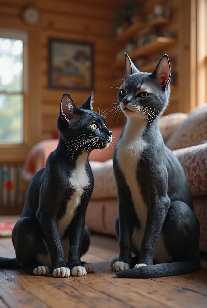 Impressed female cat,sitting next to Venom in a wooden house wearing standard attire 