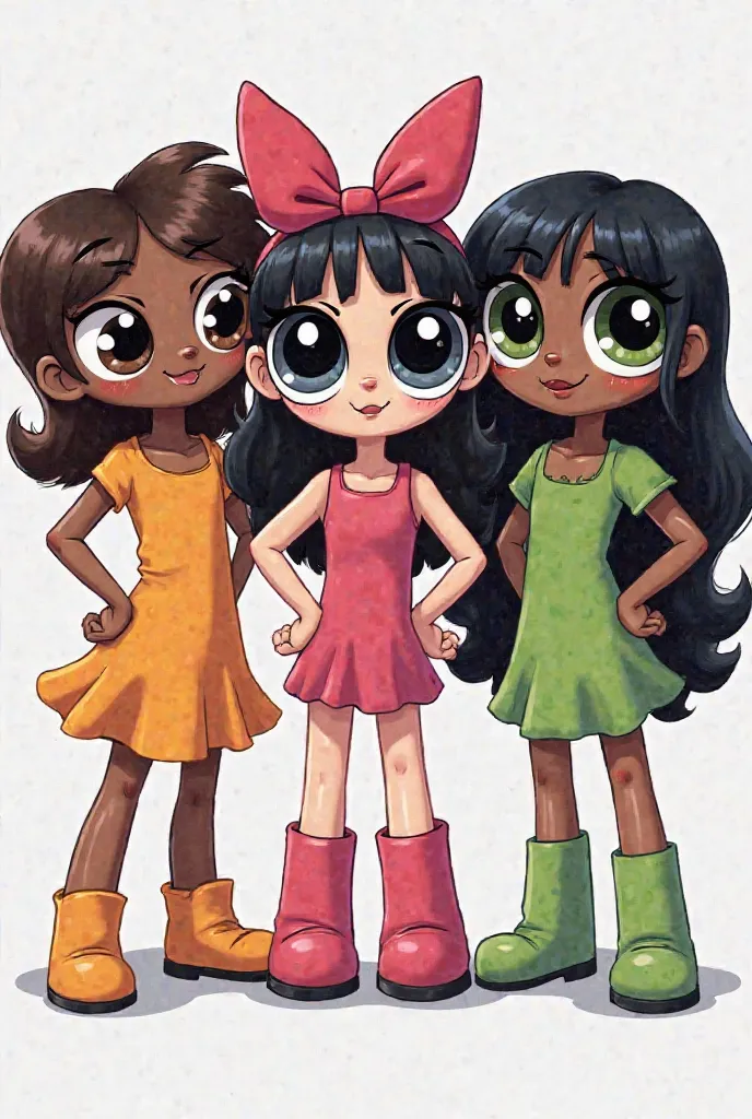 Create a drawing-style image of powerpuff girls where there are three girls,la de la izquierda tiene el cabello largo y rizado black color,very dark skin,the one in the middle has long straight hair,brown color, left side fringe ,and long eyelashes,white s...