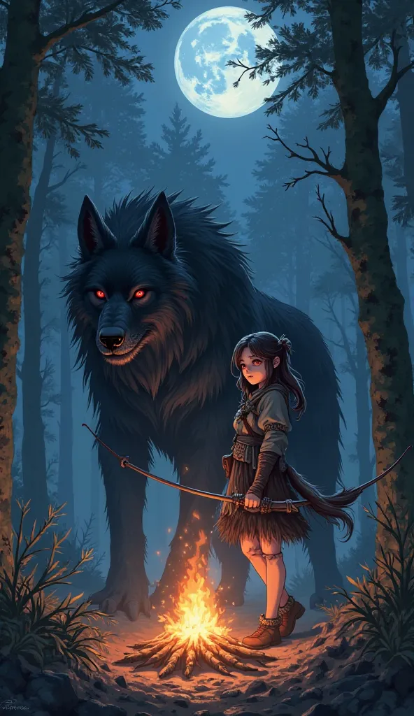 Girl with hair and small pigtails wearing black animal skin carrying a bow, With her is a big werewolf with red eyes and black skin in a forest at night resting on an anime-type campfire 