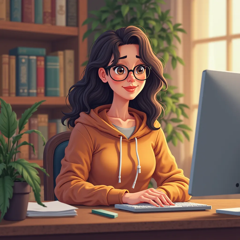 a woman who sitting at her cozy home and working on her computer at the desk. there is a bookshelf and a lof of plants behind her. she is 44 years old, slightly overweight, dark brown hair and dark brown eyes. she have medium lenght wavy hair. she wears a ...