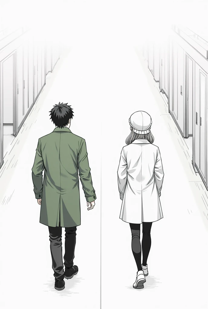 Draw a black and white manga where a guy and a girl first walked by down the hall at work where they make medicines. He is wearing a green coat with pants. She is wearing a white coat with a bonnet on her head and they looked at each other for a second 